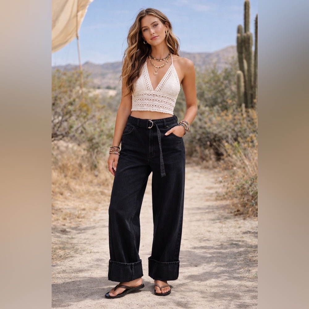 NWT We The Free‎ East Bay Black Wide Leg Denim Jeans $128 Size 31